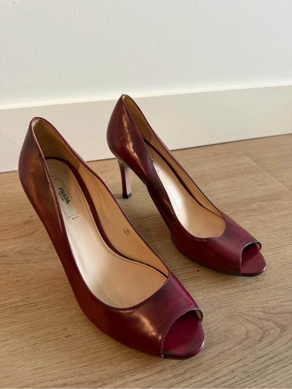 Prada Burgundy Leather Peep-Toe Stiletto Pumps